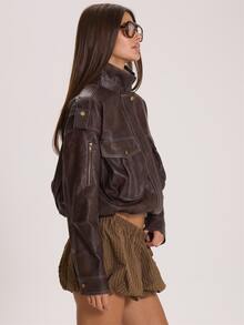 MUSERA Faux Leather Oversized Contrast Seam Detail Leather Jacket Autumn Winter Fall Cute Everyday Coolgirl Mullburn Hill - Coffee Brown - View 3