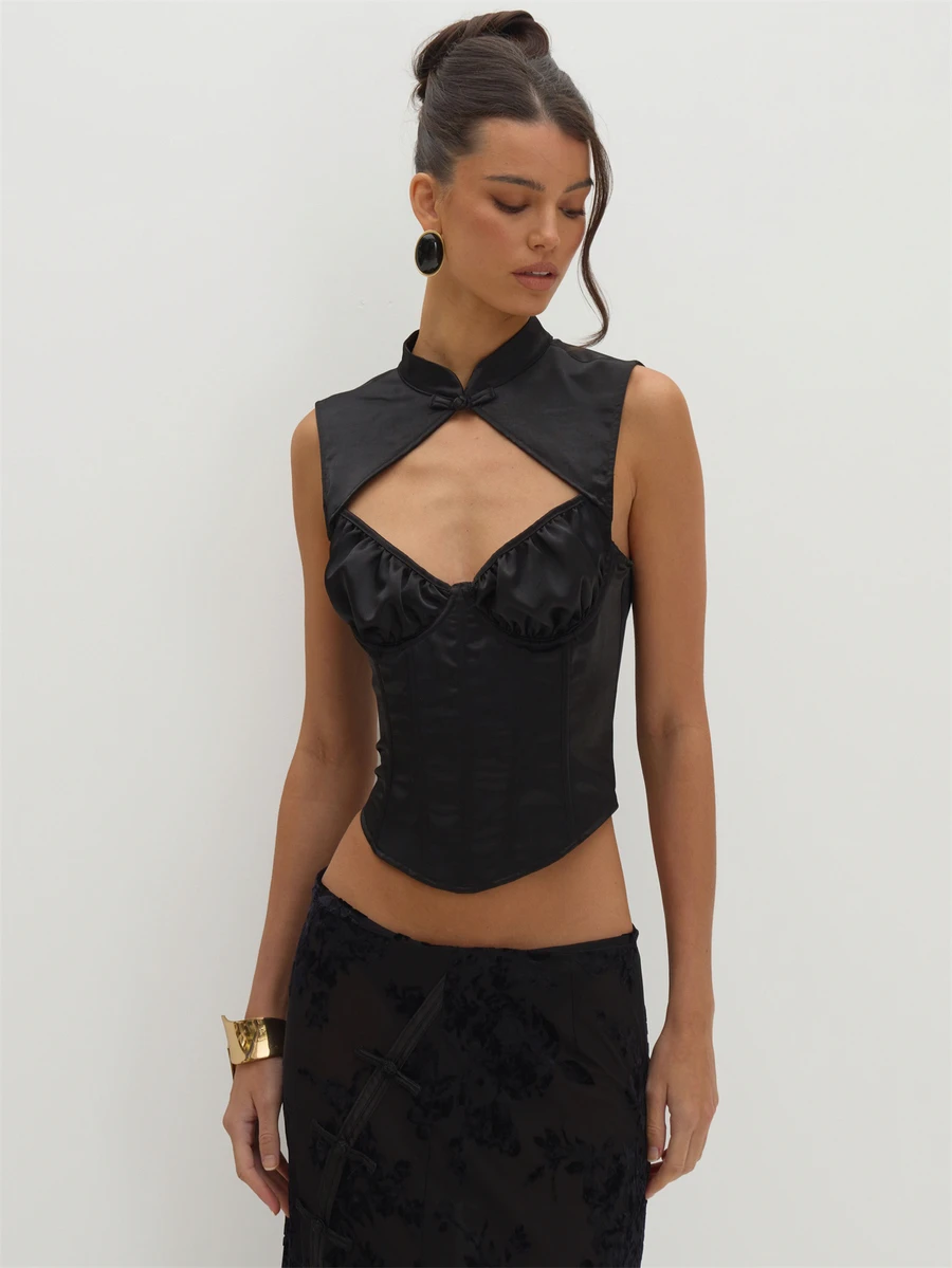 MUSEYN Black Satin Mandarin Collar Corset Top Versatile Evening Date Night Chic New Season Fall Party Elagant Halloween - Black - View 1