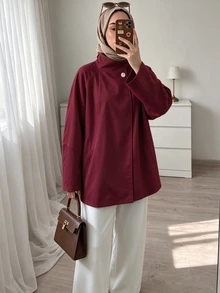 Selianne 女款時尚優雅不對稱大翻領輪廓中長款風衣，落肩袖寬鬆修身休閒夾克 - 酒紅色 - 查看 5