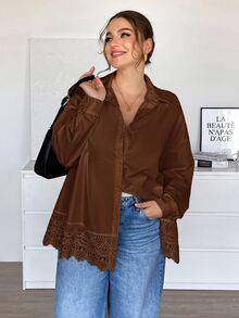 SHEIN Essnce 大尺碼百搭蕾絲拼接單排扣長袖襯衫 秋季 - 鏽棕色 - 查看 5