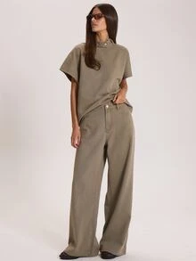 MUSERA Washed Effect High Rise Loose Fitted Denim Jeans Winter Fall Cute Everyday Coolgirl Mullburn Hill - Green - View 1