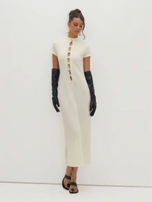 MUSEYN Cream Knit Pearl Button Front Short Sleeve Maxi Dress Versatile Evening Date Night Chic New Season Fall - White - View 2