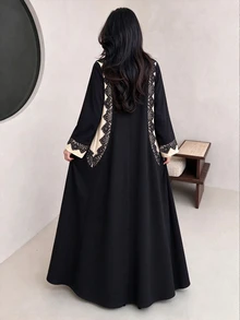 Yasmyna Fashionable Elegant Round Neck Lace Contrast Color Patchwork Front Button Long Sleeve Long Arabic Robe Cardigan - Black - View 2