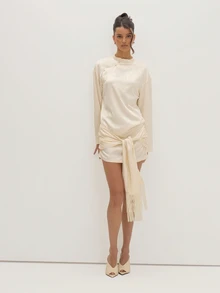 MUSEYN Cream Satin Jacquard Fringe Tie Mini Dress Versatile Evening Date Night Chic New Season Fall - Beige - View 3