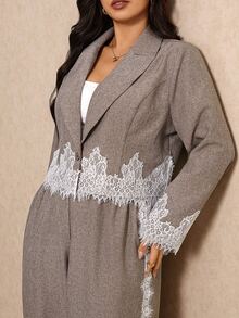 Elaquor Plus Size Women's Contrast Lace Lapel Neck Long Sleeve Jacket And Pants Elegant Suit Set - Khaki - View 6