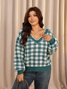 Elaquor Plus Size Women's Plaid Casual Versatile Daily Wear Long Sleeve Sweater Christmas - Beige - View 2