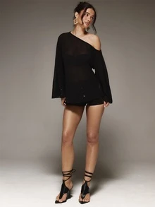 MUSERA Sheer Off The Shoulder Flowy Top Winter Fall Cute Autumn Sexy Night Out Party Going Out Low Lights - Black - View 3