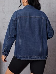 SHEIN EZwear Plus Size Women's Long Sleeve Single-Breasted Casual Denim Jacket - Blue - View 2