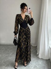 Elenzga Deep V Neck Long Sleeve Slit Sexy Elegant Dress Dinner Black N Gold Fall - Multicolor - View 3