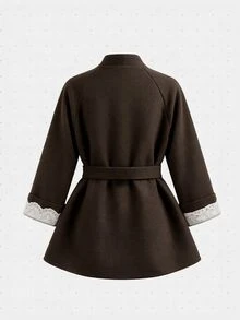 GlowEve Autumn/Winter Loose French Style High-End Grey Stand Collar Lace Patchwork Overcoat - Brown - View 2