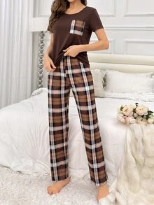 SHEIN 女款休閒針織黑色格紋聖誕睡衣套裝，短袖配短褲 - 棕色 - 查看 4