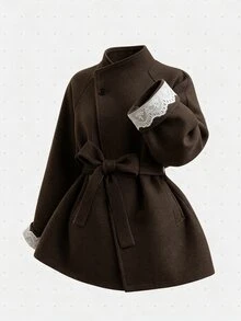 GlowEve Autumn/Winter Loose French Style High-End Grey Stand Collar Lace Patchwork Overcoat - Brown - View 1