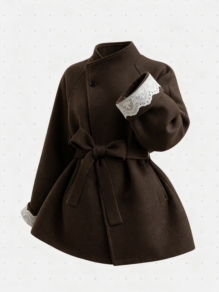 GlowEve Autumn/Winter Loose French Style High-End Grey Stand Collar Lace Patchwork Overcoat - Brown - View 1