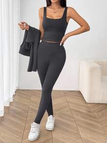 SHEIN EZwear 休閒極簡純色深灰色針織女款運動套裝，適合秋冬底層穿搭、瑜伽、跑步與運動 - 深灰色 - 查看 4