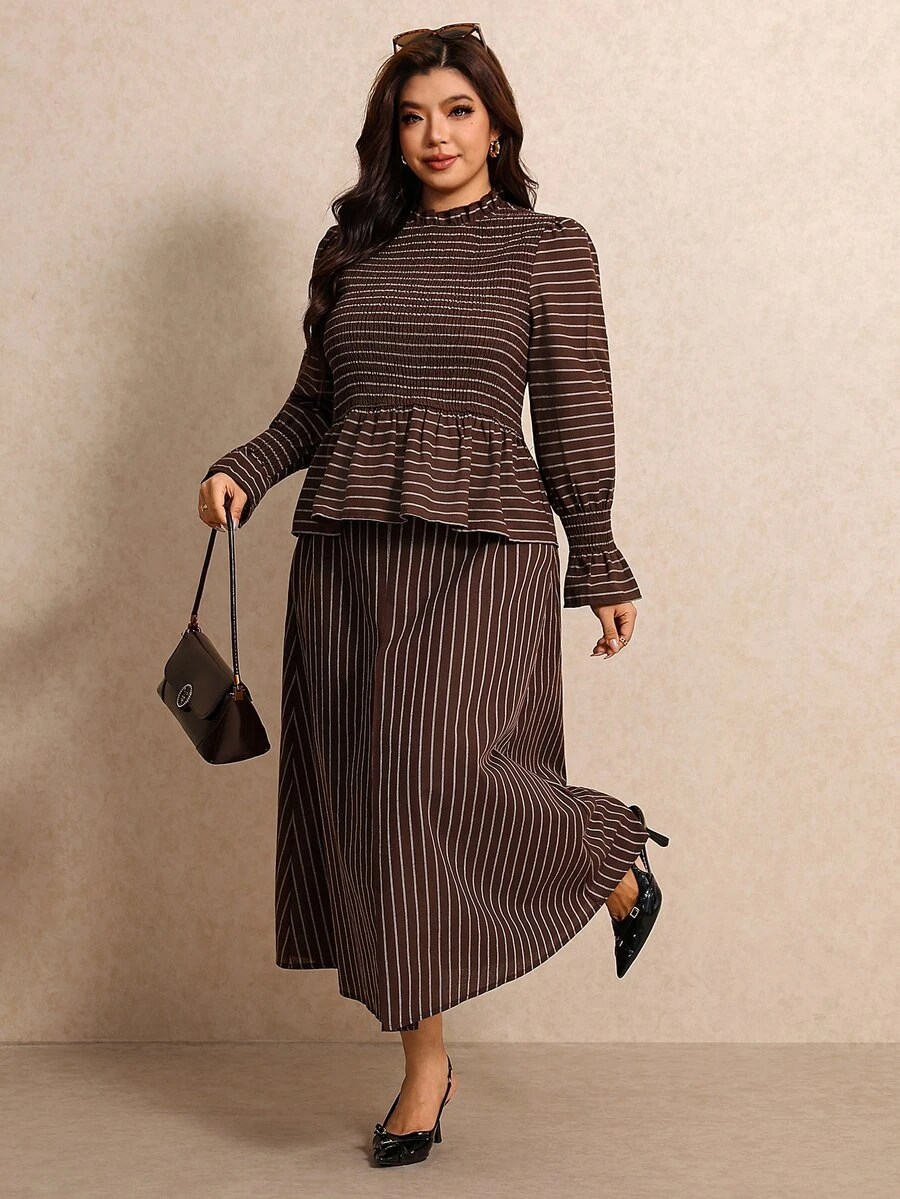 Elaquor Plus Size Women's Elegant 2 Pieces Set With Striped Ruffle Hem Blouse And Skirt Fall/Winter Elegant Office Business Work Striped Brown 2 Pieces Set - Coffee Brown - View 1