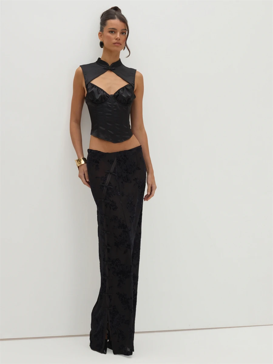 MUSEYN Black Mesh Devore Split Detail Maxi Skirt Versatile Evening Date Night Chic New Season Fall Party Elagant Halloween - Black - View 1