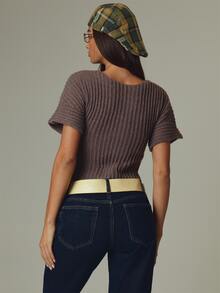 MUSERA Brown Knit Deep Plunge Short Sleeve Top Fall Autumn Winter Casual Style Outfits - Grey - View 5