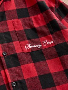 SWAVVY 1pc Oversized Cotton Plaid Print Drop Shoulder Shirt - Red - View 3