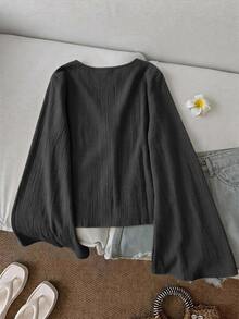 SHEIN LUNE 女款紋理百搭上衣 灰色淺綠色，女款休閒純色V領喇叭袖扭轉前襟襯衫，繫帶前襟上衣，休閒風格 - 深灰色 - 查看 2