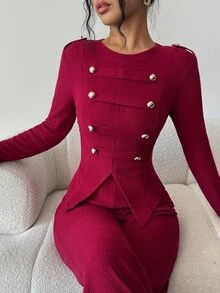 Elenzga Women's Vintage Elegant Commute Party Holiday Daily Napoleon Military Style Metal Double-Breasted Button Fitted Ribbed Knit Set, Round Neck Long Sleeve Cinched Waist Asymmetrical Hem + Flared Pants 2 Pieces Set - Burgundy - View 6