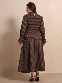 Elaquor Plus Size Women's Elegant 2 Pieces Set With Striped Ruffle Hem Blouse And Skirt Fall/Winter Elegant Office Business Work Striped Brown 2 Pieces Set - Coffee Brown - View 2
