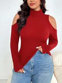 SHEIN Essnce 大尺碼女款時尚休閒高彈力舒適日常基礎百搭修身黑色高領修身上衣，打底上衣，工作上衣，春秋款 - 紅色 - 查看 1
