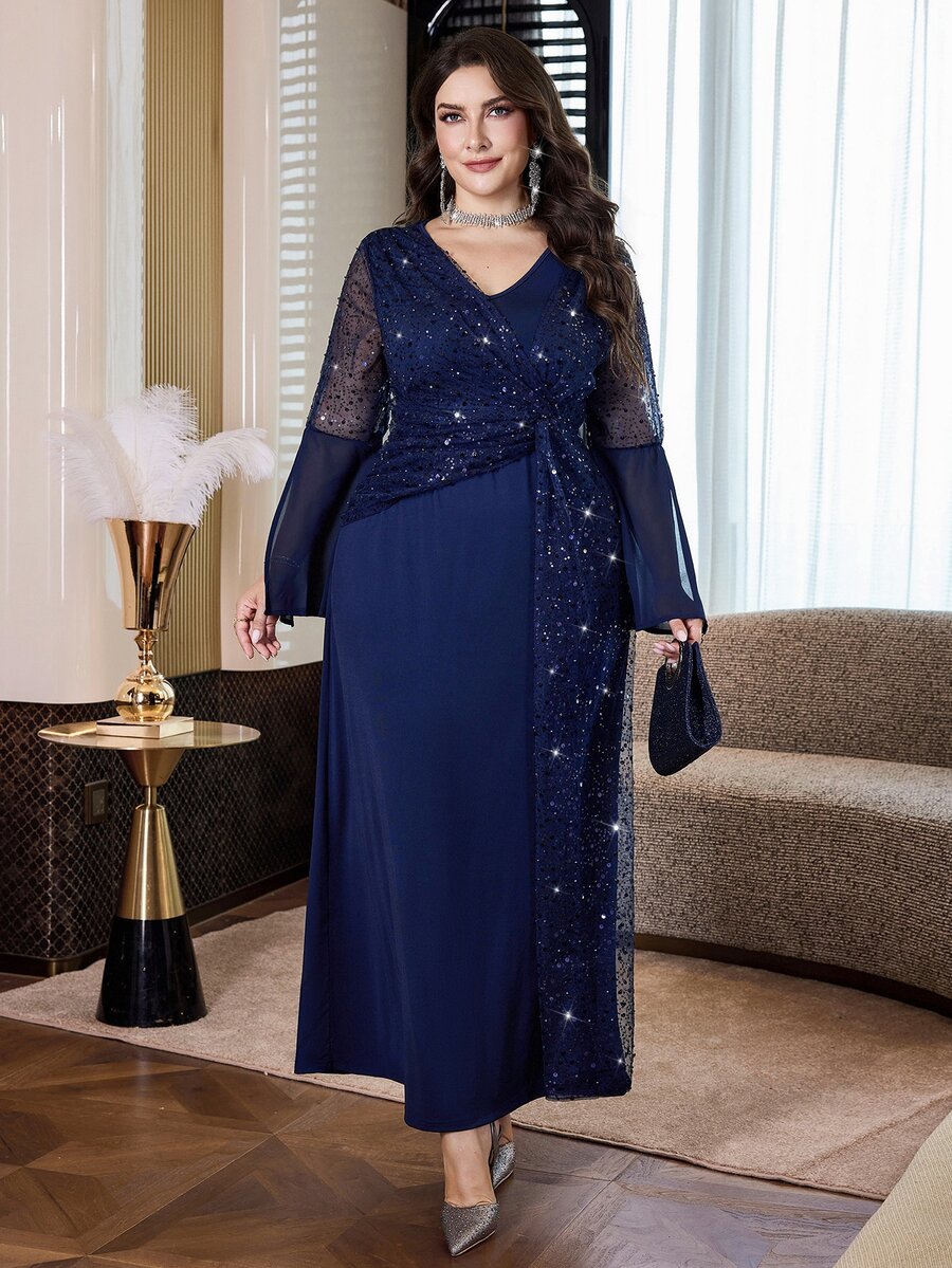Modelyn Plus Size Women's V-Neck Mesh Patchwork Casual Daily Summer Dress - Navy Blue - View 1
