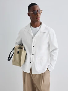 Merionis Men's Solid Color Long Sleeve Single-Breasted Casual Pocket Shacket - White - View 4