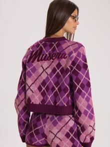 MUSERA Checkered Button Through Crewneck Knitted Jumper Autumn Winter Fall Cute Everyday Coolgirl Mullburn Hill - Purple - View 4
