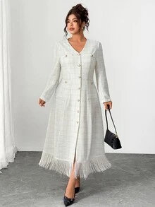 Elenzga Plus Size Single-Breasted Tassel Hem Long Sleeve Cinched Waist A-Line Dress - Beige - View 5