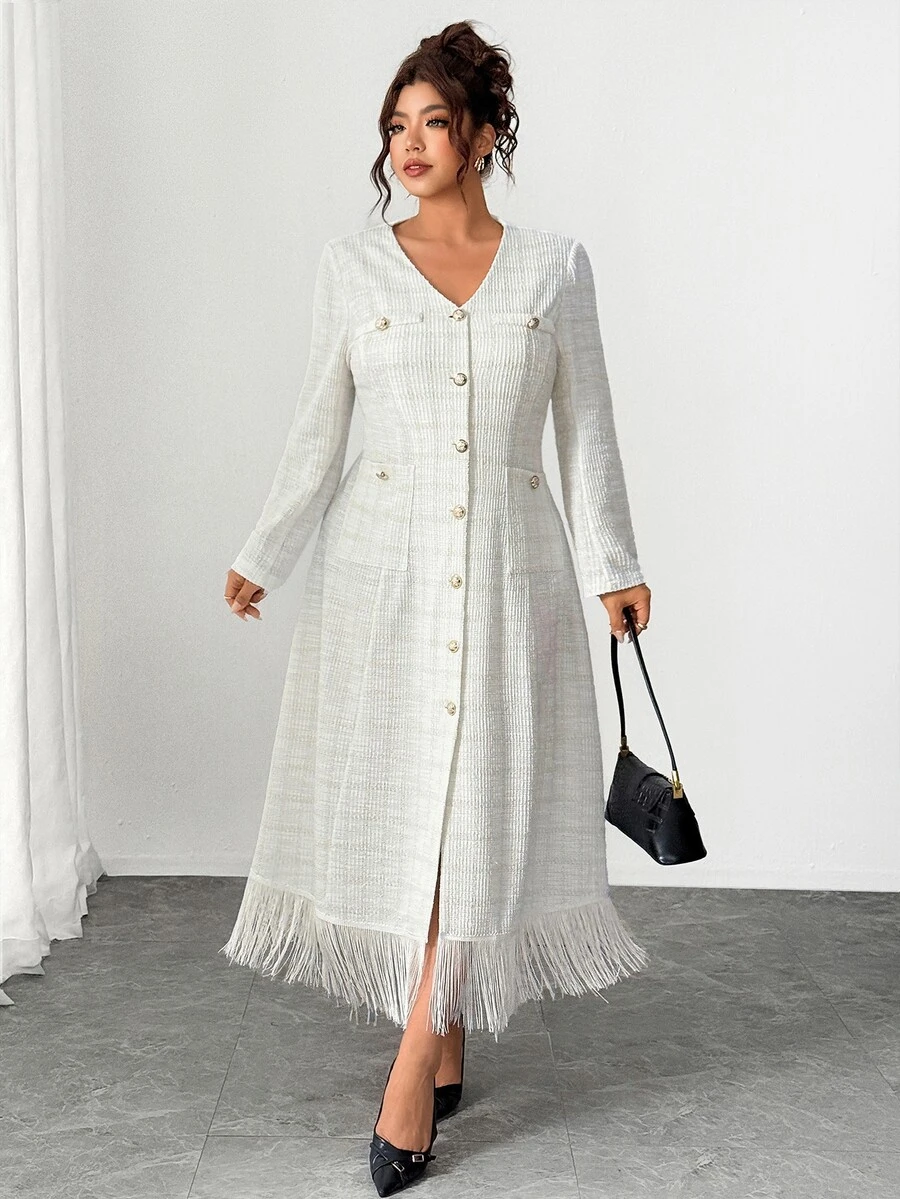 Elenzga Plus Size Single-Breasted Tassel Hem Long Sleeve Cinched Waist A-Line Dress - Beige - View 1