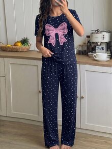 SHEIN Set Piyama 2pcs/Set untuk Remaja Perempuan, Atasan Bermotif Pita dan Celana Pendek Kotak-kotak, Kain Rajut Lembut, Nyaman, Gaya Manis dan Elegan - Navy Blue - View 8