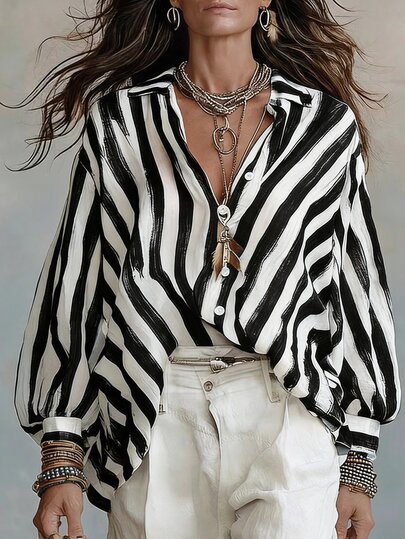SHEIN LUNE CURVE Plus Size Black & White Vertical Striped Loose Long Sleeve Shirt For Women, Lapel V-Neck Drop Shoulder Lantern Sleeve Casual Blouse, Vintage Drape Top