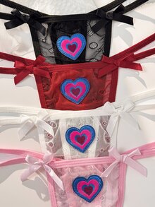PetitDoll 4pcs Multi-Color Mesh Patchwork Bow Heart Applique Sweet Cute Women's Thong Panties - Multicolor - View 4