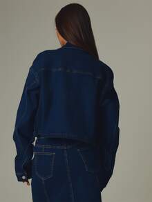 MUSERA Blue Contrast Detail Denim Long Sleeve Zip Up Jacket Fall Autumn Winter Casual Style Outfits - Blue - View 5