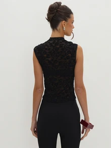 MUSEYN Black Sheer Lace Devore Knot Detail Fitted Top Versatile Evening Date Night Chic New Season Fall - Black - View 5