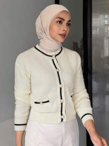 DAZY Women's Autumn/Winter Colorblock Long Sleeve Single-Breasted Knit Cardigan - Beige - View 6