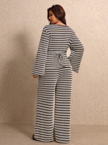 Elaquor Plus Size Women's Striped Long Sleeve Top And Pants Casual Daily 2 Pieces Set - Mocha Brown - View 2