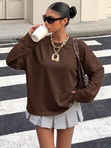 Muchica 95%棉女款休閒街頭寬鬆短袖T恤，女款夏季服飾，女款街頭風 - 棕色 - 查看 4