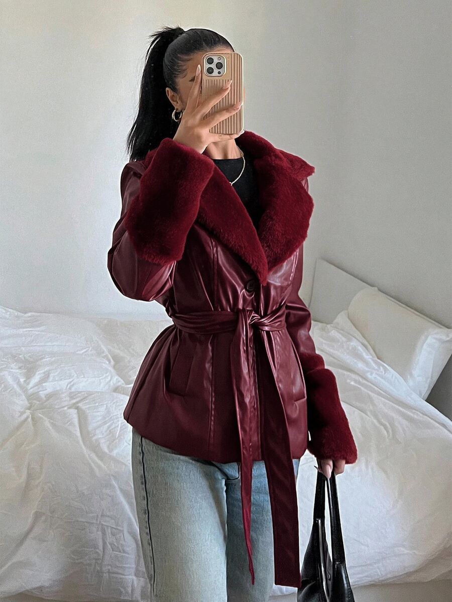 SHEIN EZwear 純色長袖休閒PU拼接收腰抽繩夾克,秋冬款 - 酒紅色 - 查看 1
