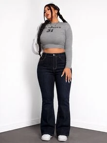 SHEIN EZwear 大尺碼女款高腰口袋休閒喇叭牛仔褲 - 藏蓝色 - 查看 6