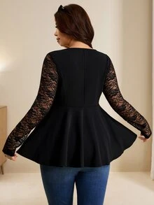 Edennvi Plus Size Women's Best-Selling Square V-Neck Waist-Cinched Lace Patchwork T-Shirt, Metal Zipper Decor Design, Suitable For Daily Commute, Outings, Gatherings, Dating, And Photo-Taking - Black - View 2