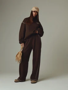 MUSERA Brown Low Rise Baggy Straight Leg Joggers Sweatpants Fall Autumn Winter Casual Style Outfits - Coffee Brown - View 1