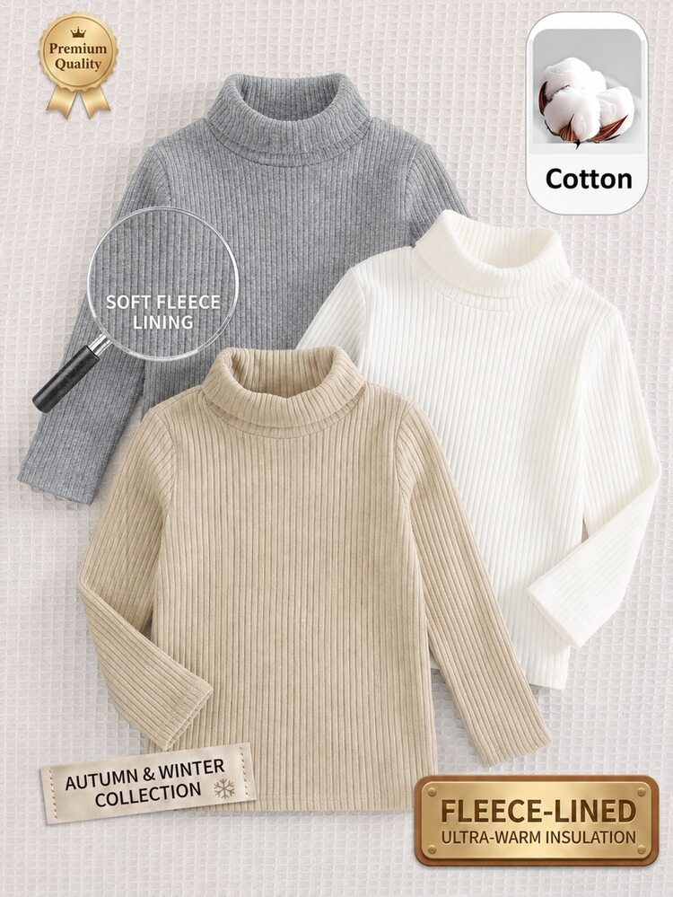 SHEIN Kids 3PCS Young Boys Autumn/Winter Casual Solid Color High Neck T-Shirts - Multicolor - View 4