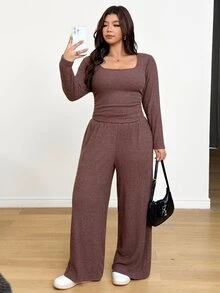 Shapeblank 女款大尺碼棕色兩件套：休閒、彈性、保暖舒適方領長袖T恤與寬腿長褲（秋冬） - 鏽棕色 - 查看 6