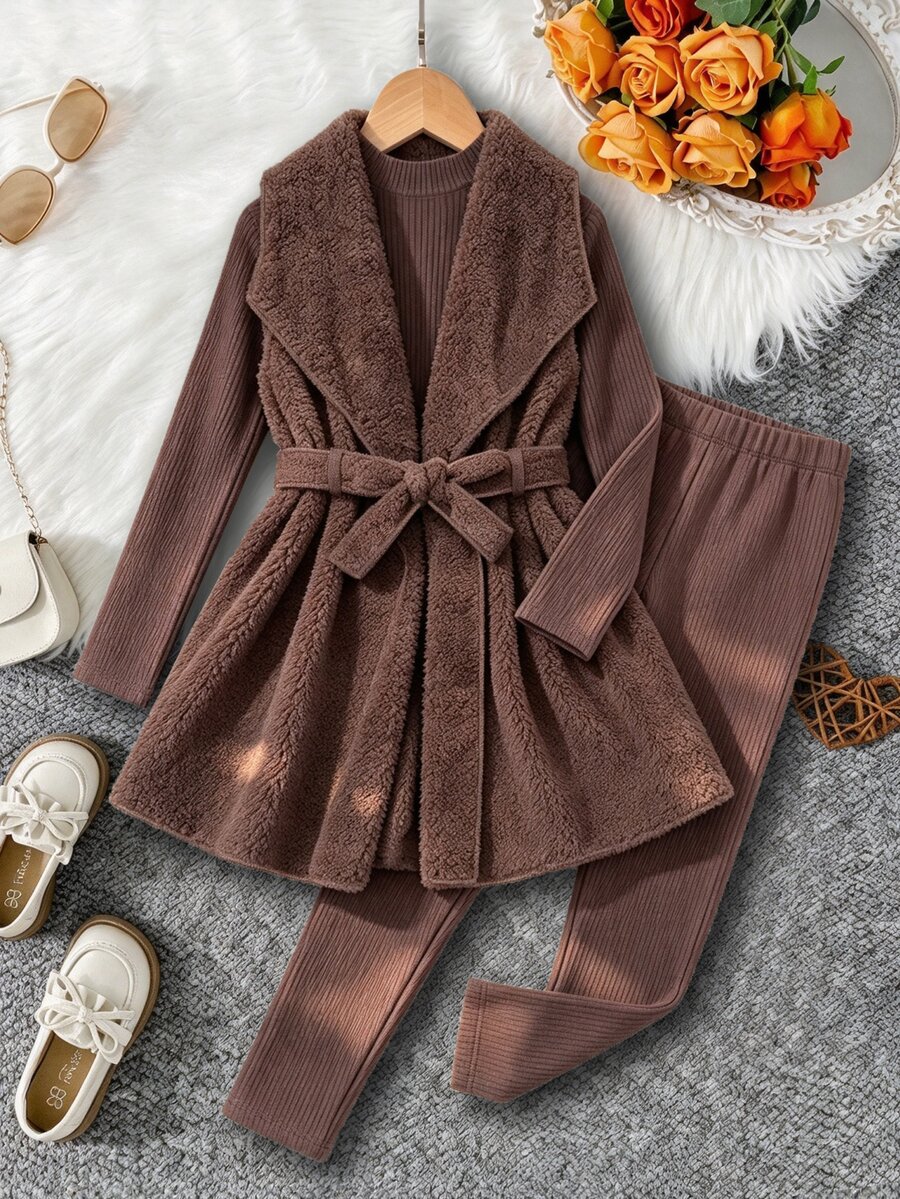 SHEIN Young Girl Ribbed Long Sleeve Top And Pants With Sleeveless Vest 3 Pieces Set - Brown - View 1