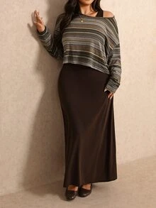 Elaquor 大尺碼女款條紋不對稱肩長袖T恤與背心洋裝休閒兩件套，適合休閒與辦公通勤，秋冬款女裝套裝 - 彩色 - 查看 5