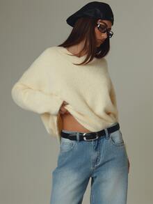 MUSERA Yellow V Neck Oversized Long Sleeve Sweater Top Fall Autumn Winter Casual Style Outfits - Light Yellow - View 1