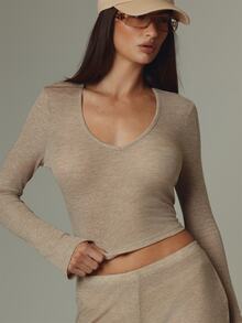 MUSERA Beige Long Sleeve V Neck Top And Mid Rise Flare Trousers Co Ord Sold As Set Fall Autumn Winter - Apricot - View 5