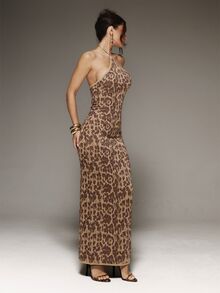 MUSERA Knitted Leopard Print Fitted Halterneck Maxi Dress Fall Cute Autumn Sexy Night Out Party Going Out Low Lights Witch Gothic Horror Grunge Spooky - Multicolor - View 4